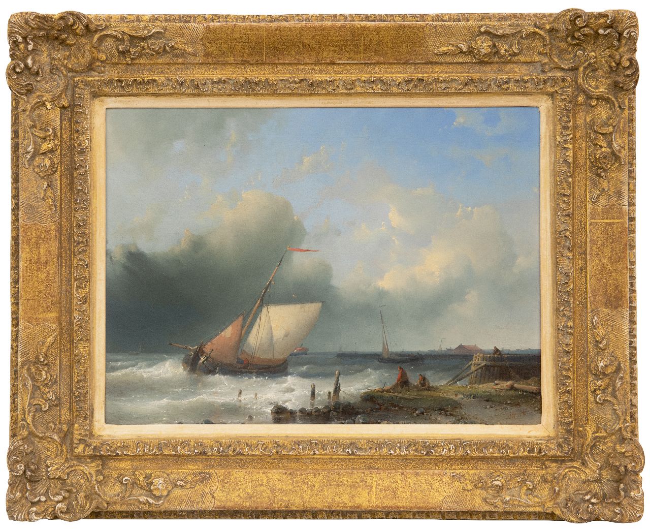 Hulk A.  | Abraham Hulk | Gemälde zum Verkauf angeboten | Kreuzende Segelboote vor der Küste, Öl auf Holz 26,6 x 36,2 cm, Unterzeichnet r.u.