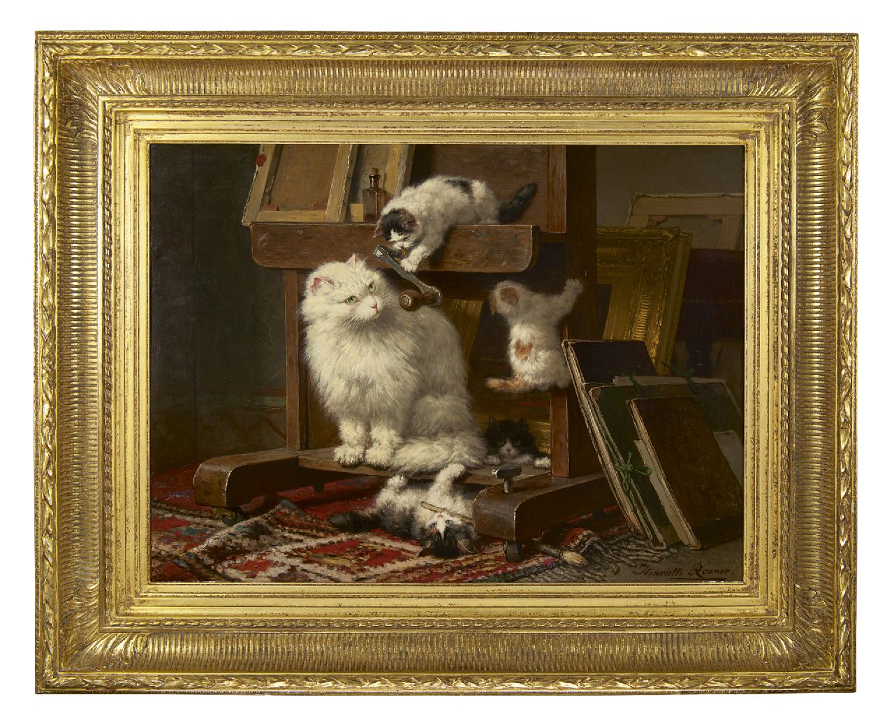 Ronner-Knip H.  | Henriette Ronner-Knip, Katzenfamilie in einem Atelier, Öl auf Holz 54,5 x 72,0 cm, Unterzeichnet r.u. und datiert 1878