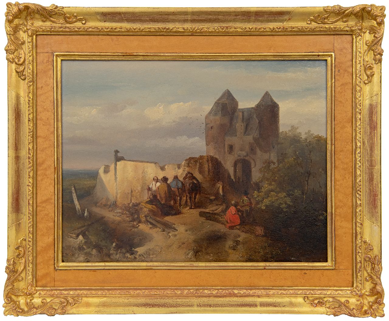 Rochussen Ch.  | Charles Rochussen | Gemälde zum Verkauf angeboten | Landschaft mit Reisenden vor Ruine, Öl auf Holz 25,5 x 33,5 cm, Unterzeichnet l.u. und datiert '42