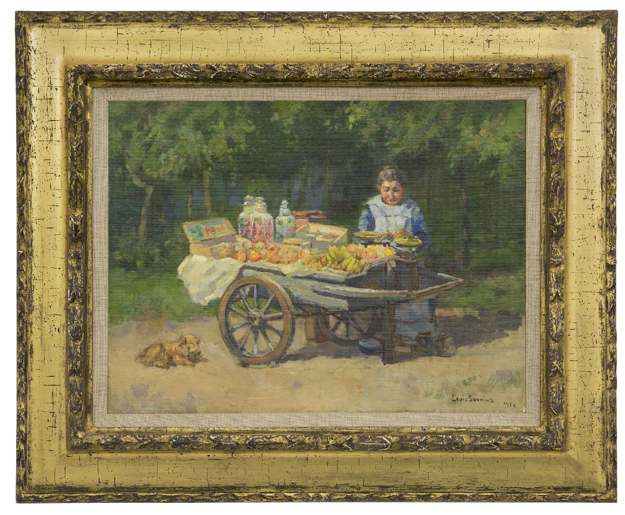 Soonius L.  | Lodewijk 'Louis' Soonius | Gemälde zum Verkauf angeboten | Strassenverkäuferin mit Obst und Süssigkeiten, Öl auf Leinwand 30,5 x 40,5 cm, Unterzeichnet r.u. und datiert 1952