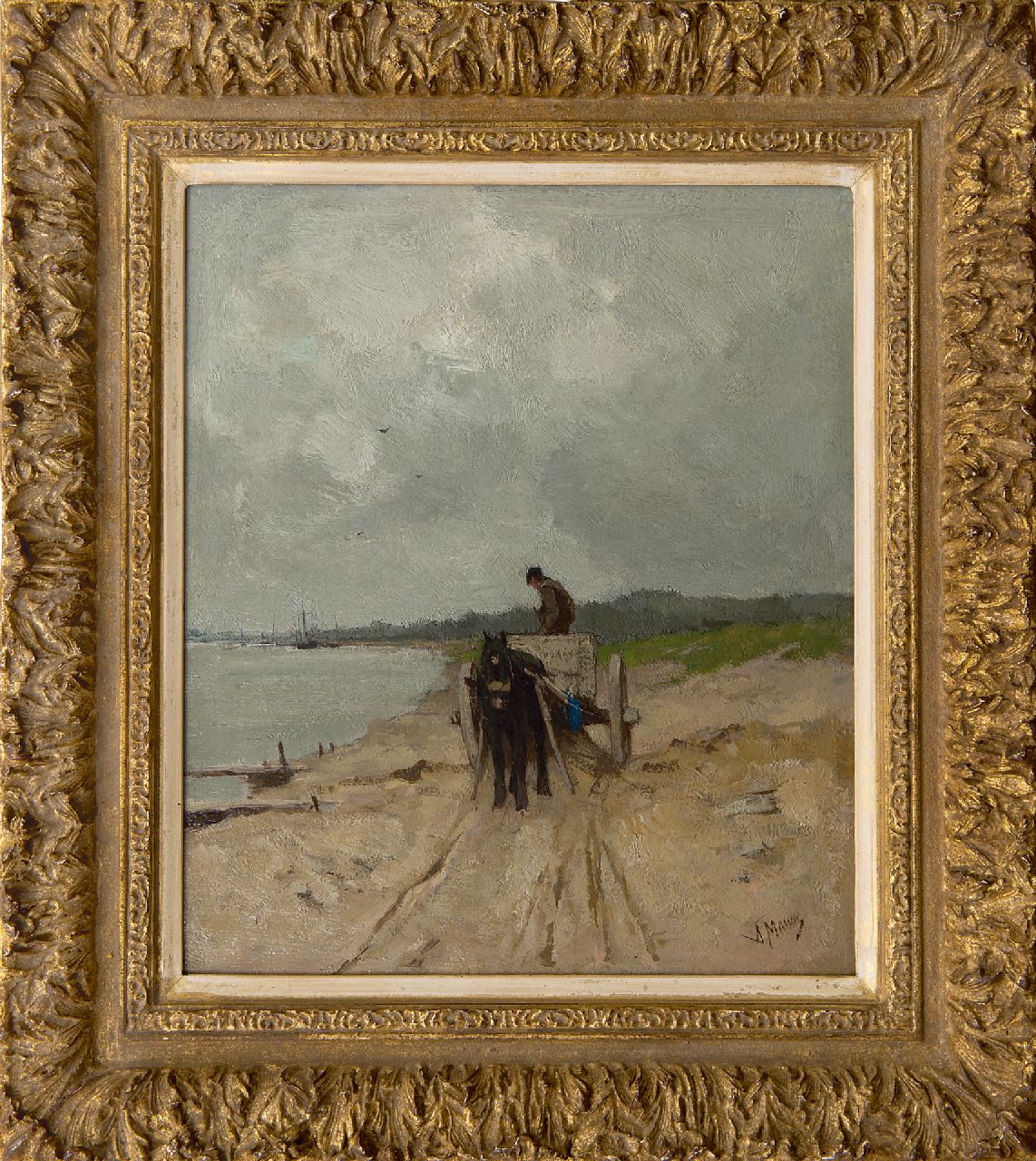 Mauve A.  | Anthonij 'Anton' Mauve, Der Sandkarren am Rheinufer, Öl auf Leinwand 32,9 x 28,1 cm, Unterzeichnet r.u. und zu datieren um 1875-1880