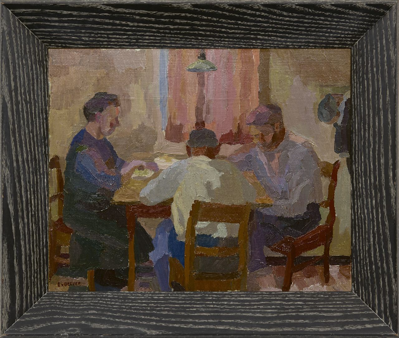 Beever E.S. van | 'Emanuël' Samson van Beever | Gemälde zum Verkauf angeboten | Abendarbeit am Tisch, Öl auf Leinwand auf Holz 40,0 x 49,8 cm, Unterzeichnet u.l.