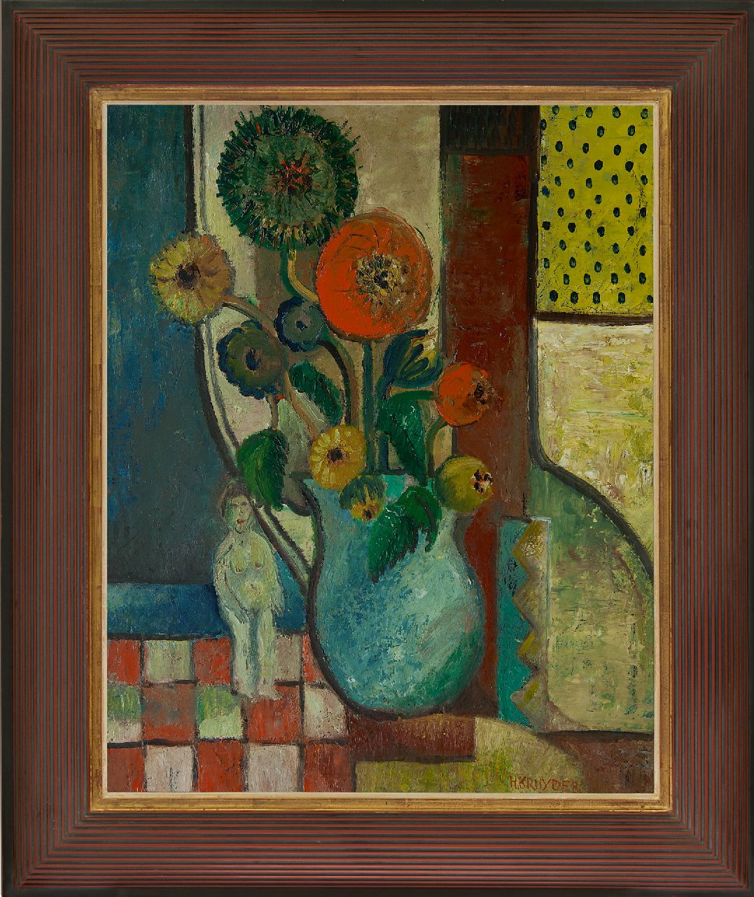 Kruyder H.J.  | 'Herman' Justus Kruyder, Stilleben mit Blumen in blauer Vase und Aktskulptur, Öl auf Leinwand 69,0 x 54,8 cm, Unterzeichnet r.u. und zu datieren um 1931