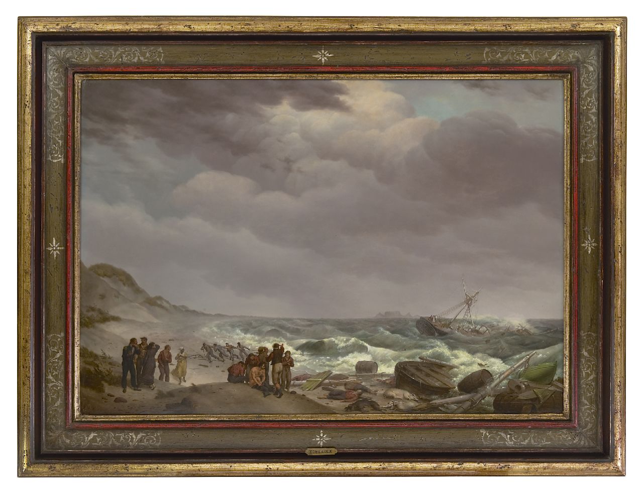 Koekkoek J.H.  | Johannes Hermanus Koekkoek | Gemälde zum Verkauf angeboten | Schiffbruch bei der Tsarenbank, Süd-Afrika, in der Ferne der 'Tafelberg', Öl auf Holz 57,4 x 82,8 cm, Unterzeichnet u.r. und datiert 1824 (unklar)