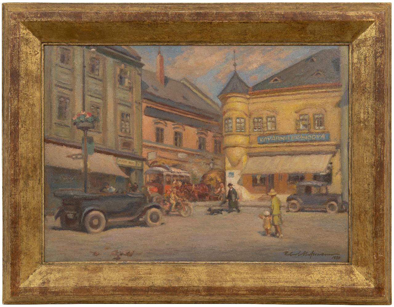 Hofmann R.  | Robert Hofmann | Gemälde zum Verkauf angeboten | Marktplatz in Kroměříž mit dem berühmten Kaffeehaus Kavárna Brándova, Öl auf Malereifaser 38,3 x 53,0 cm, Unterzeichnet u.l. und datiert 1930