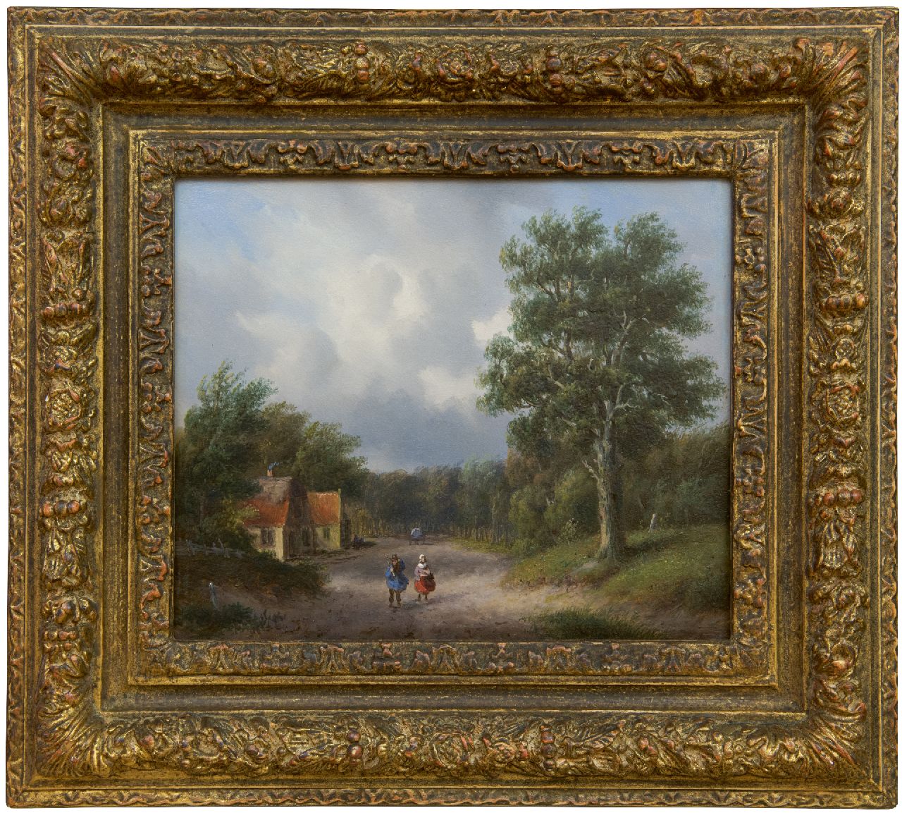 Ahrendts C.E.  | Carl Eduard Ahrendts | Gemälde zum Verkauf angeboten | Bewaldeter Landweg mit Figuren, Öl auf Holz 21,7 x 25,8 cm