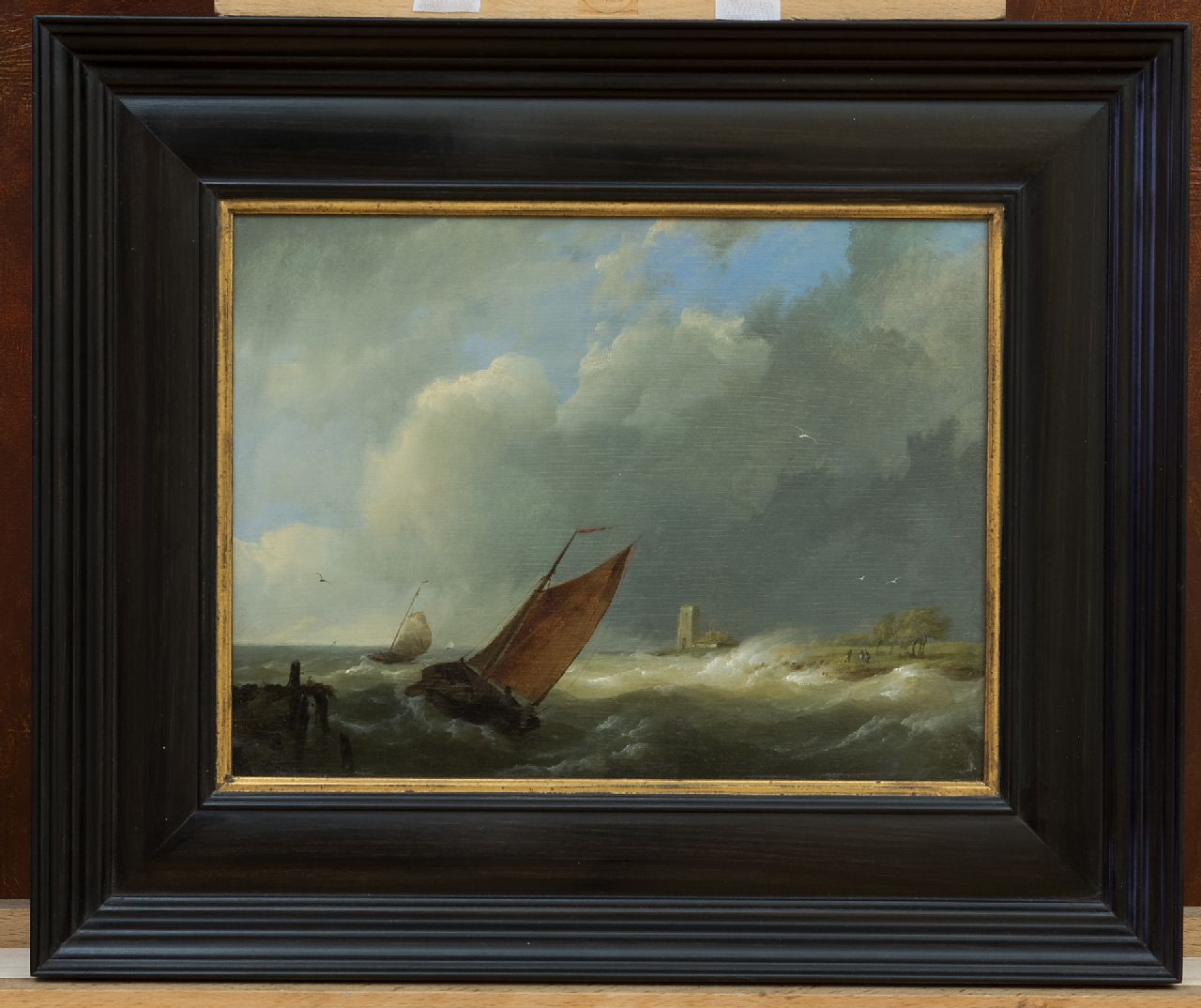 Koekkoek H.  | Hermanus Koekkoek | Gemälde zum Verkauf angeboten | Segelschiffe bei stürmischem Wetter, Öl auf Holz 18,7 x 24,8 cm, Unterzeichnet u.l. mit Initialen