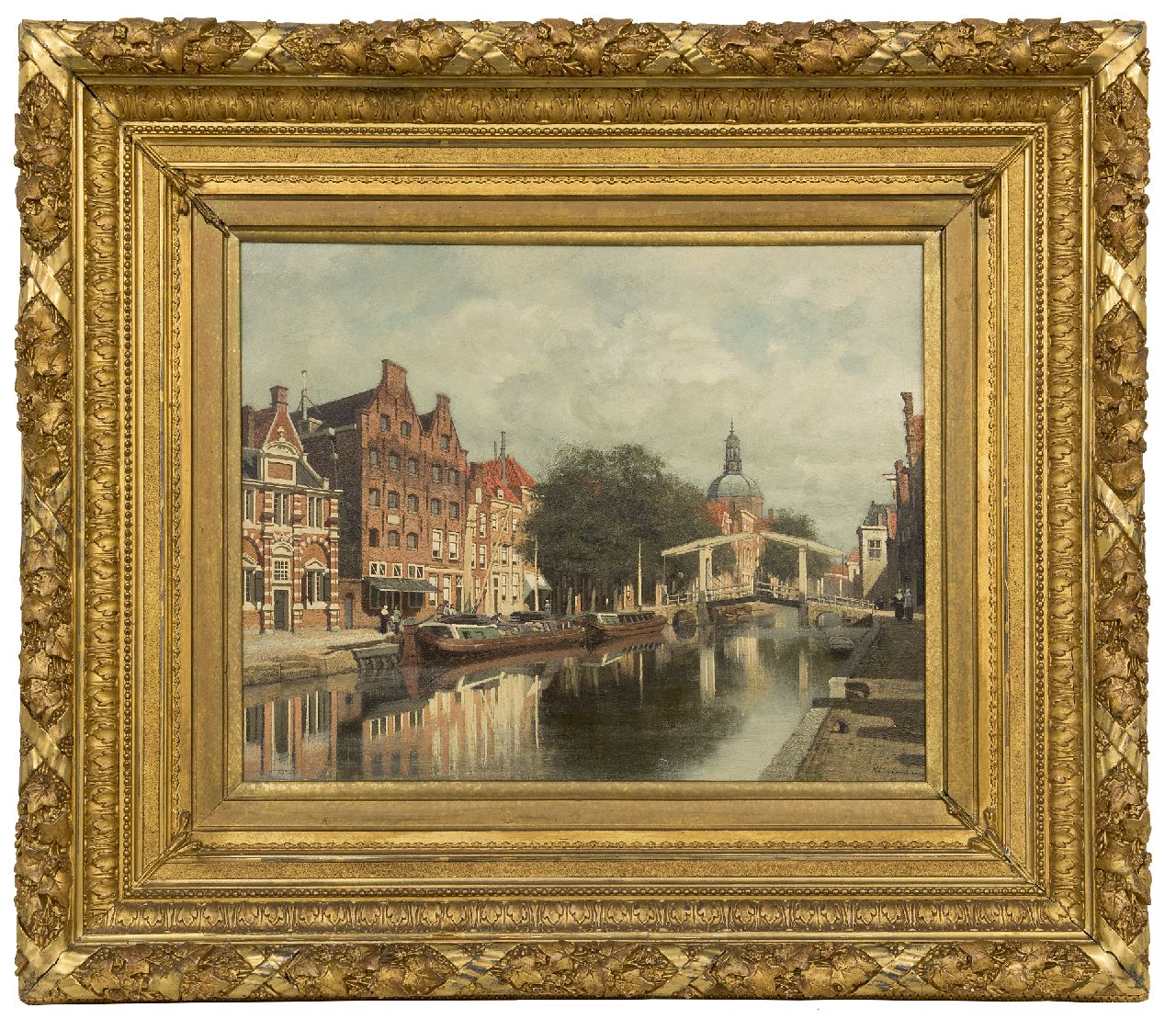 Klinkenberg J.C.K.  | Johannes Christiaan Karel Klinkenberg | Gemälde zum Verkauf angeboten | Der Oude Rijnkanal in Leiden und die Marekerk, Öl auf Holz 39,3 x 51,0 cm, Unterzeichnet u.r.