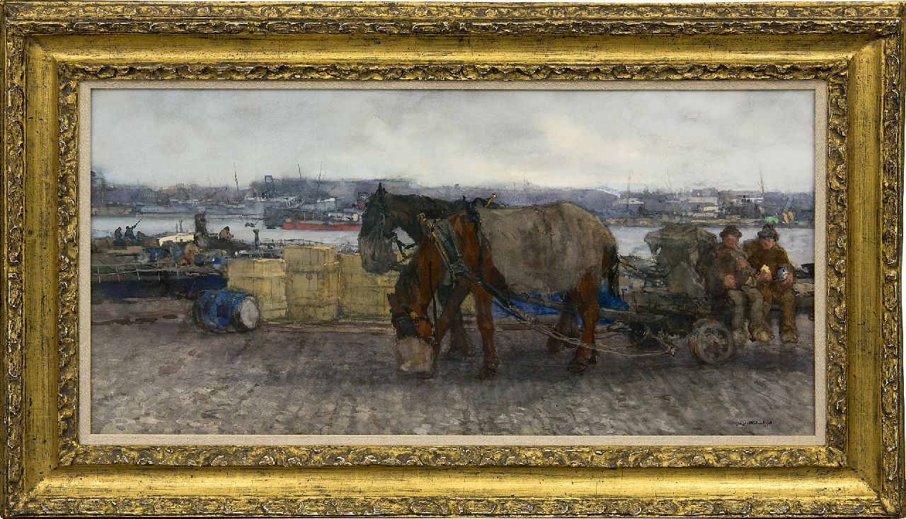 Mastenbroek J.H. van | Johan Hendrik van Mastenbroek, Mittagspause im Rotterdamer Hafen, Aquarell auf Papier 46,5 x 91,0 cm, Unterzeichnet u.r. und datiert 1903