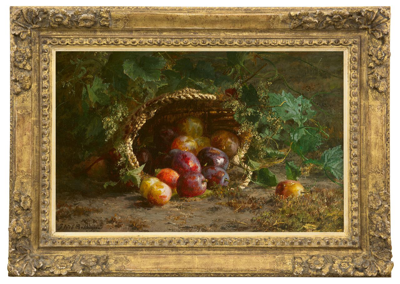 Sande Bakhuyzen G.J. van de | 'Gerardine' Jacoba van de Sande Bakhuyzen | Gemälde zum Verkauf angeboten | Stilleben mit Pflaumen auf dem Waldboden, Öl auf Leinwand 39,4 x 61,8 cm, Unterzeichnet u.l.