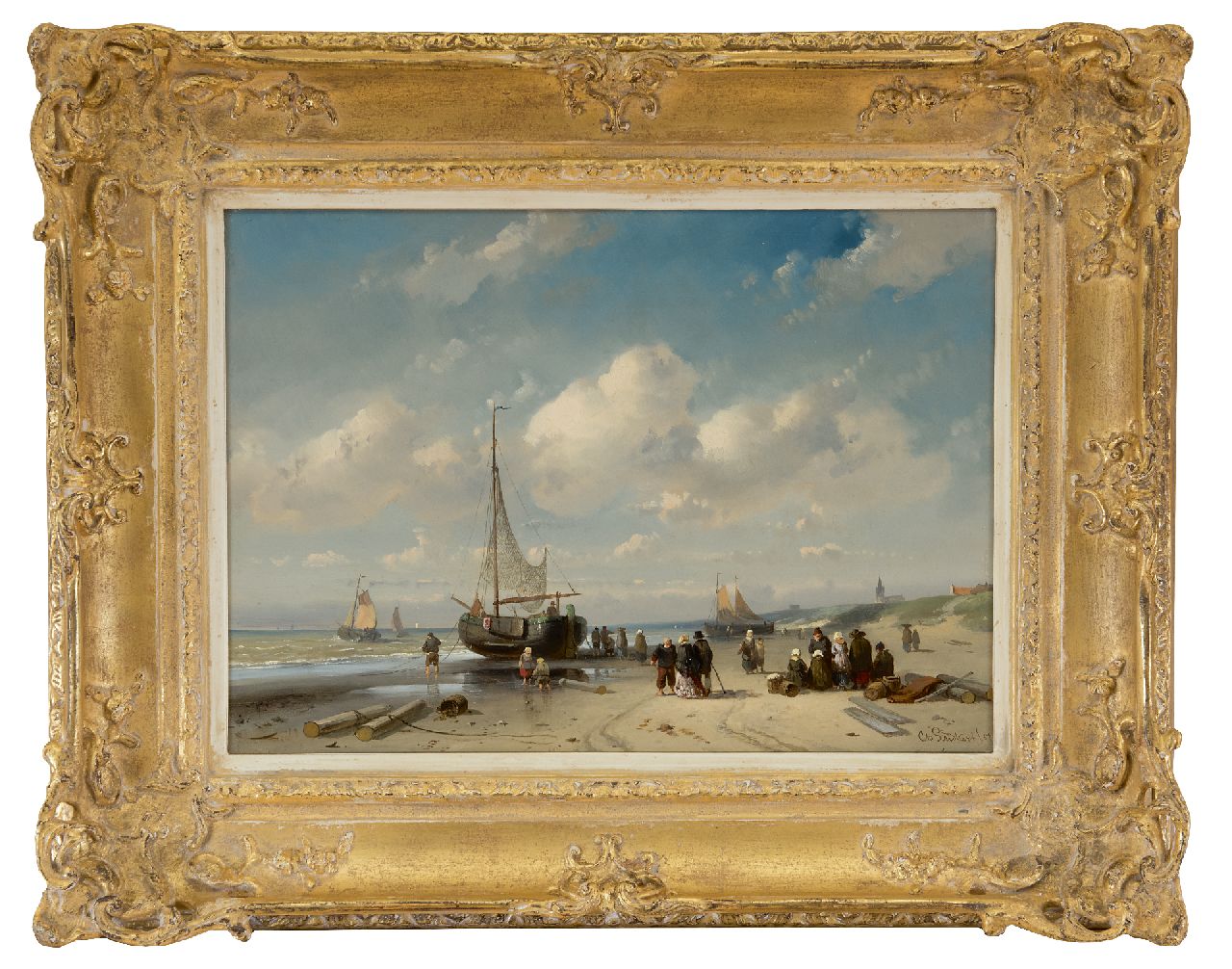 Leickert C.H.J.  | 'Charles' Henri Joseph Leickert | Gemälde zum Verkauf angeboten | Fischer und Spaziergänger auf dem Strand bei Scheveningen, Öl auf Holz 27,5 x 38,7 cm, Unterzeichnet u.r. mit vollem Namen und u.l. unklar und datiert '57