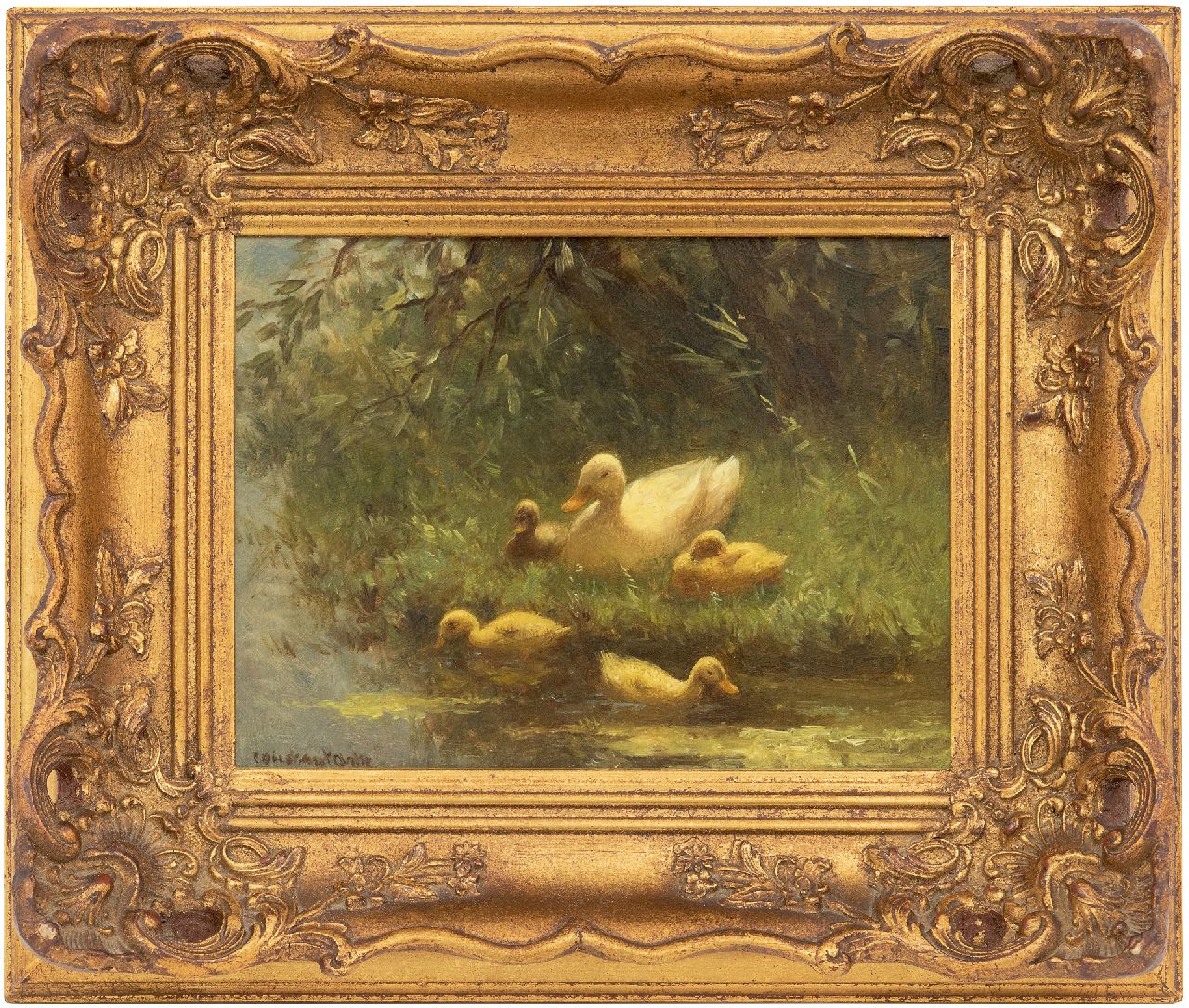 Artz C.D.L.  | 'Constant' David Ludovic Artz, Entenmutter mit Küken am Ufer, Öl auf Holz 17,8 x 24,1 cm, Unterzeichnet u.L.