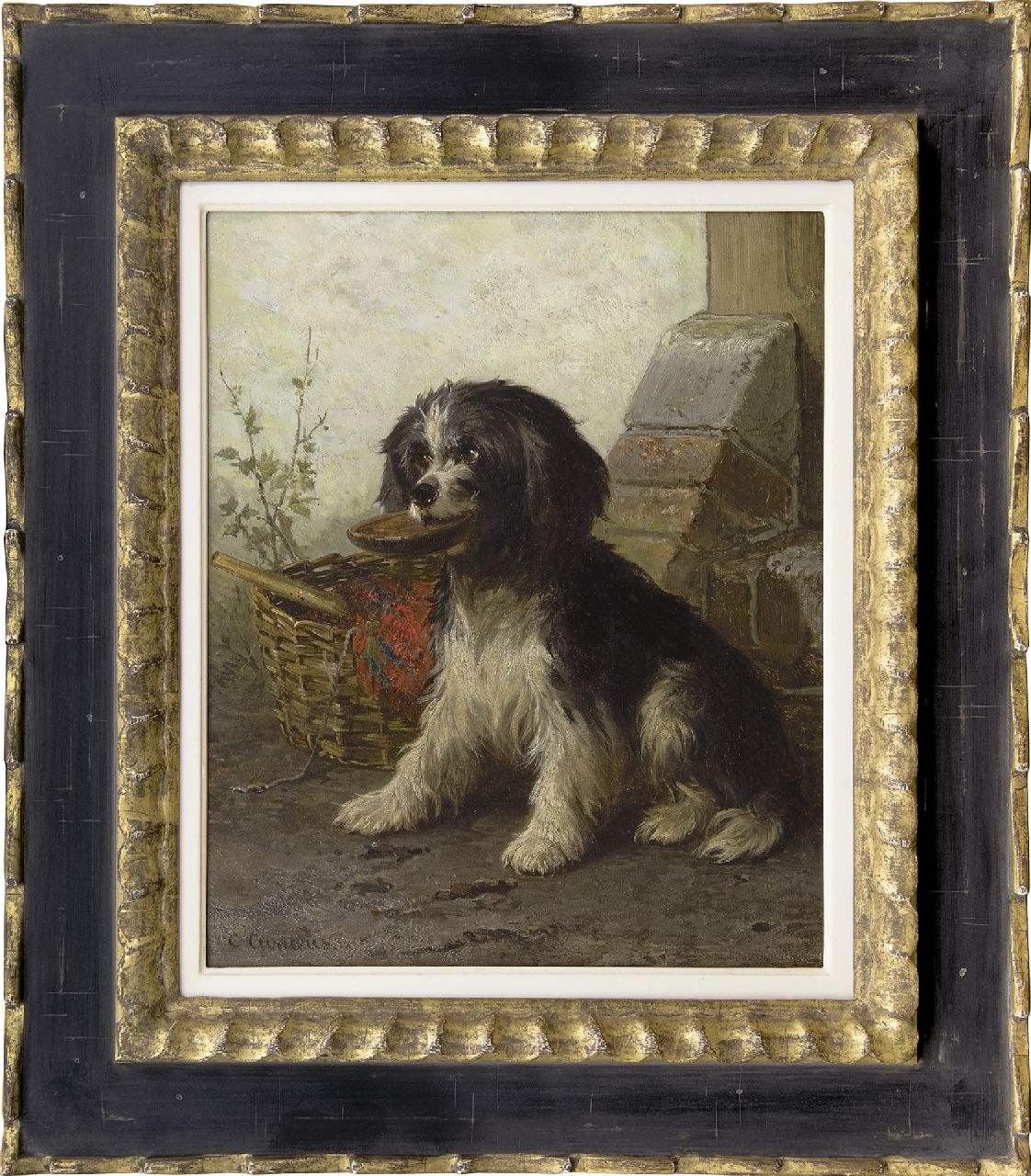 Cunaeus C.  | Conradijn Cunaeus, Schäferhund bei dem Korb, Öl auf Holz 34,2 x 28,5 cm, Unterzeichnet u.l.