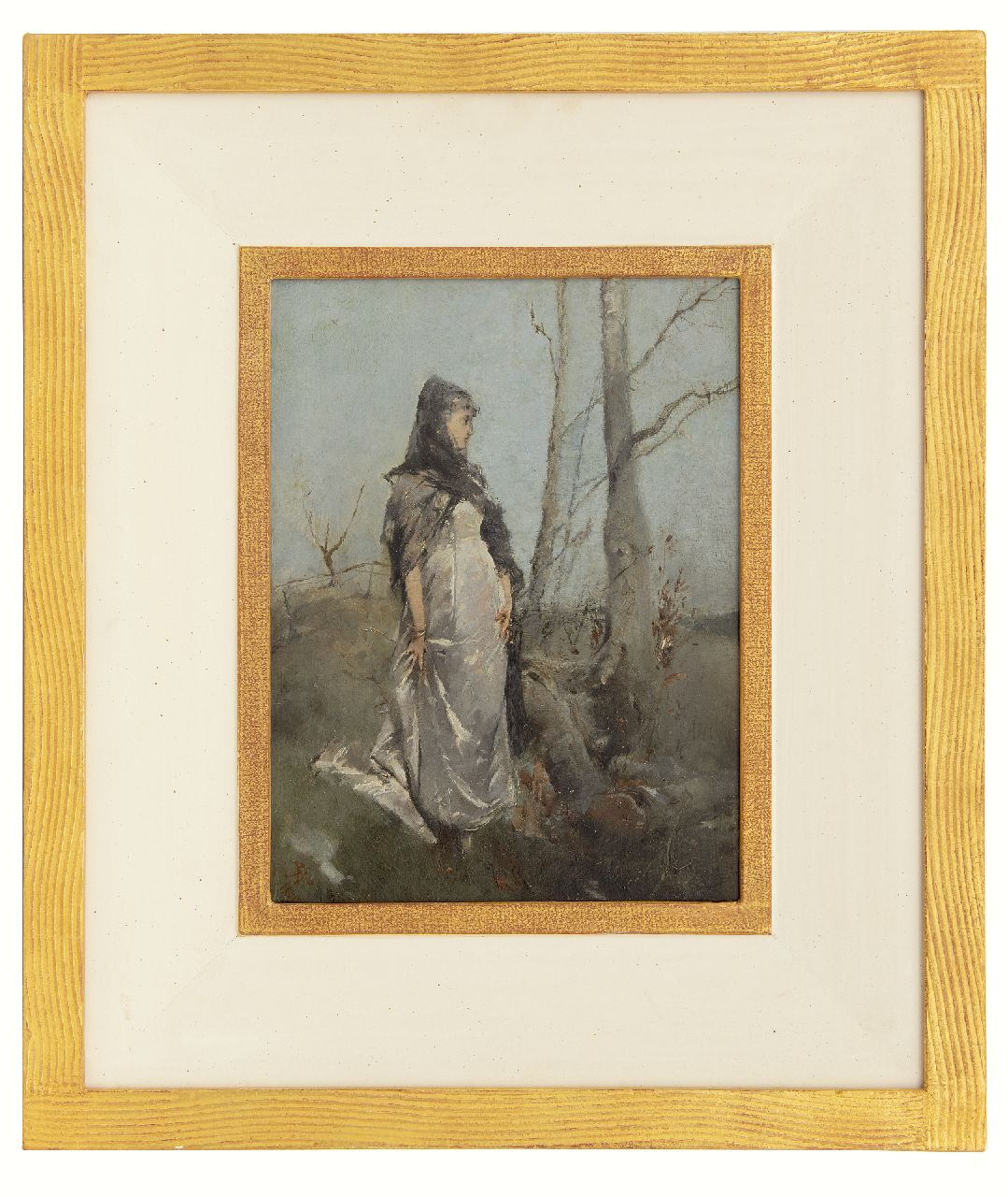 Haaxman P.A.  | Pieter Alardus Haaxman | Gemälde zum Verkauf angeboten | Frau in einer Landschaft, Öl auf Holz 34,0 x 25,5 cm, Unterzeichnet u.l. mit Monogramm und datiert 1879