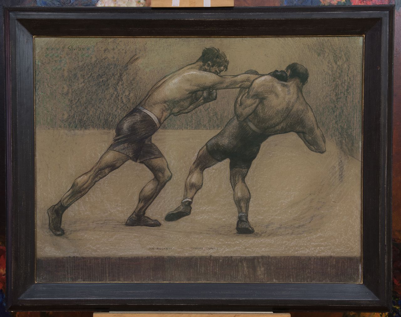 Sluiter J.W.  | Jan Willem 'Willy' Sluiter, Der Boxkampf von Joe Beckett gegen Tommy Burns, London 1920, Holzkohle und Pastell auf Papier auf Pappe 74,3 x 99,0 cm, Unterzeichnet M.r. und datiert 'London 1920'