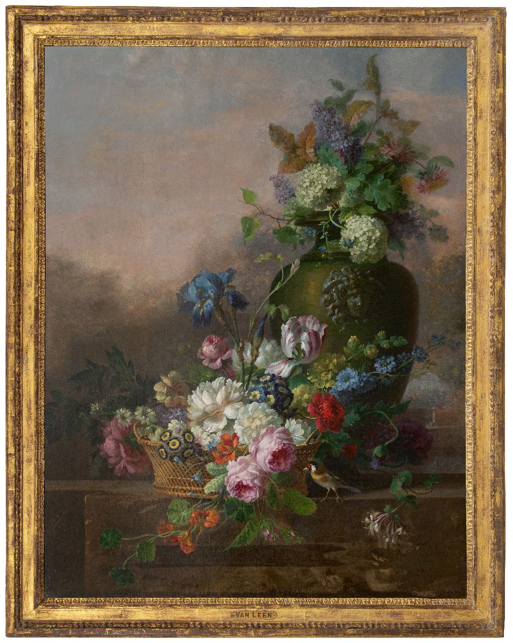 Leen W. van | Willem van Leen, Blumenstilleben mit Rosen, Tulpe, einer Iris und anderen Blumen, Öl auf Leinwand 116,2 x 90,8 cm, Unterzeichnet vage unterzeichnet