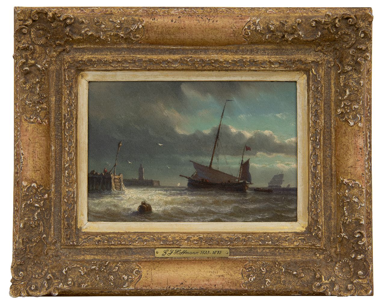 Hoffmann G.J.  | Georges Johannes Hoffmann | Gemälde zum Verkauf angeboten | Fischerboot vor dem Hafeneingang, Öl auf Holz 12,9 x 18,6 cm