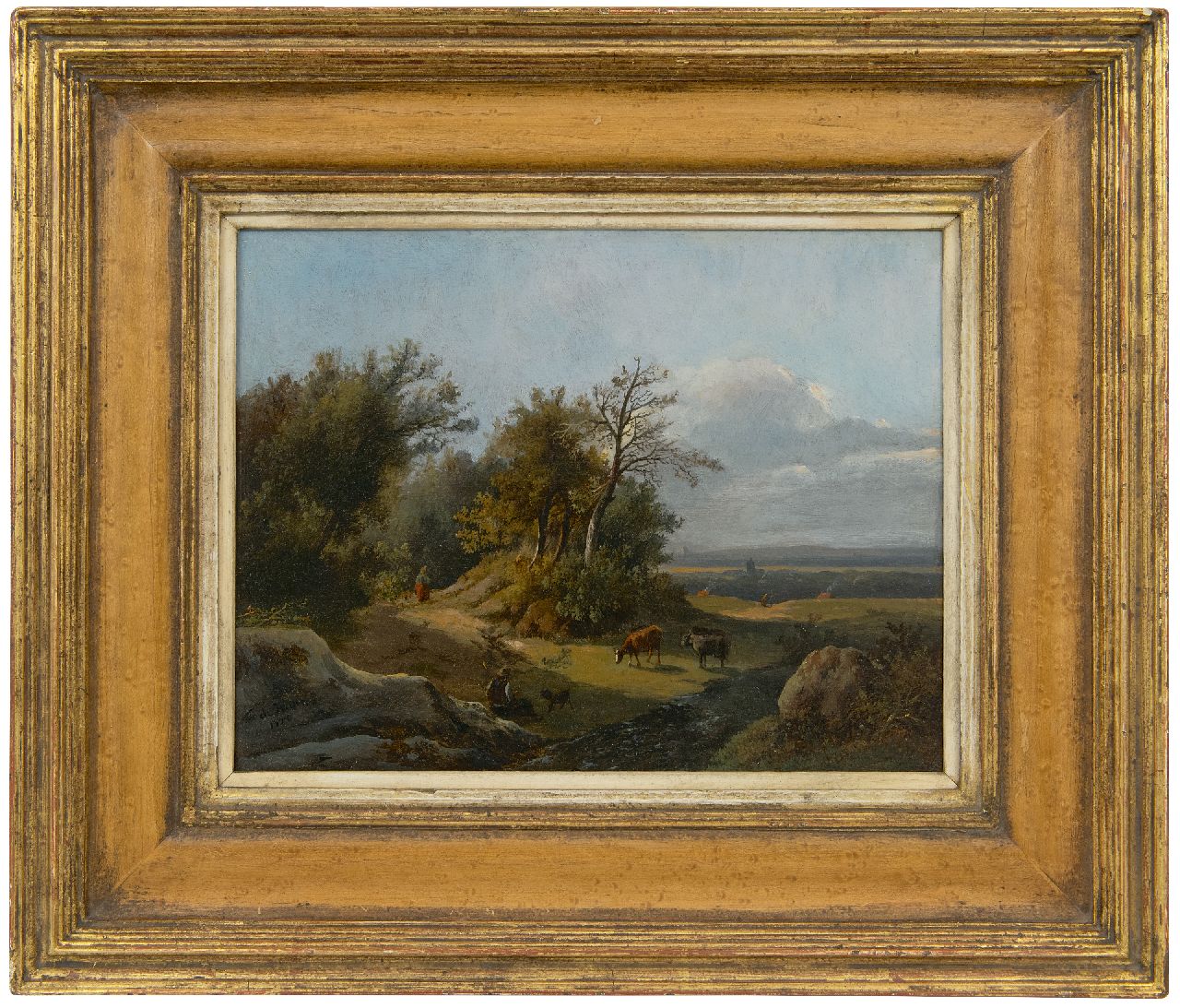 Haan F.A. de | Franciscus Antonius de Haan | Gemälde zum Verkauf angeboten | Hirt mit Vieh in einer sonnigen Hügellandschaft, Öl auf Holz 21,2 x 26,9 cm, Unterzeichnet u.l. und datiert 1850