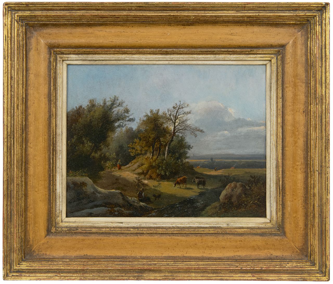 Haan F.A. de | Franciscus Antonius de Haan, Hirt mit Vieh in einer sonnigen Hügellandschaft, Öl auf Holz 21,2 x 26,9 cm, Unterzeichnet u.l. und datiert 1850