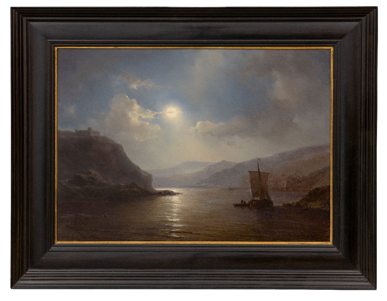 Meijer J.H.L.  | Johan Hendrik 'Louis' Meijer | Gemälde zum Verkauf angeboten | Fluss mit angelegtem Segelboot im Mondschein, Öl auf Holz 30,0 x 41,4 cm, Unterzeichnet u.r.