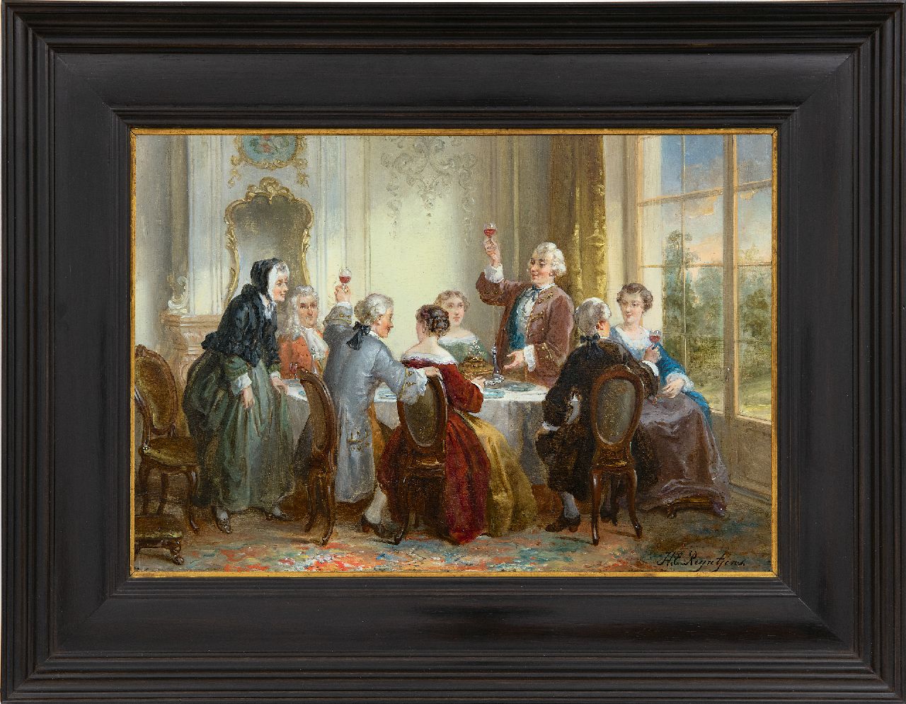 Reijntjens H.E.  | Henricus Engelbertus Reijntjens, Das Verlobungsessen, Öl auf Holz 22,9 x 33,5 cm, Unterzeichnet u.r.