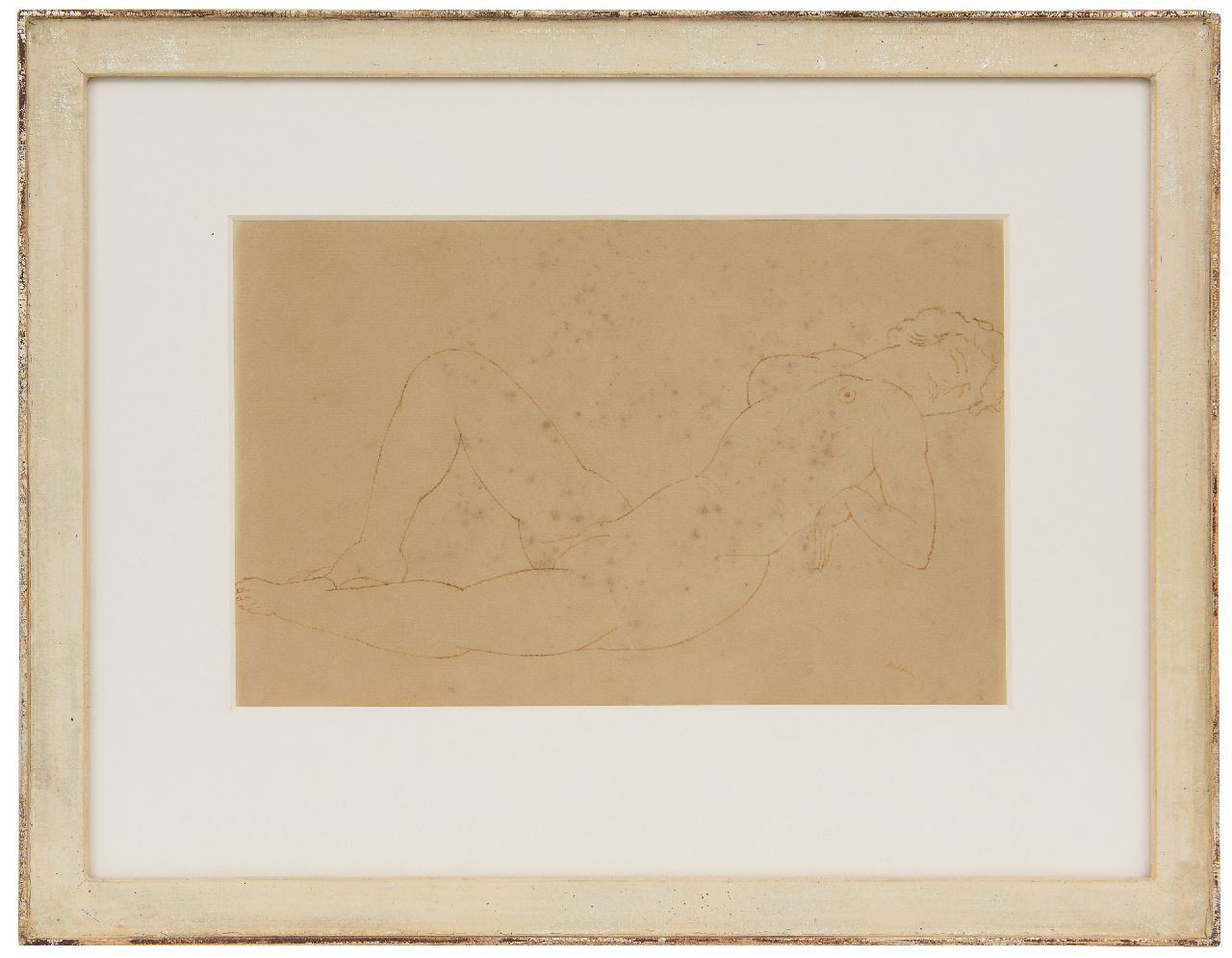 Kelder A.B.  | Antonius Bernardus 'Toon' Kelder | Aquarelle und Zeichnungen zum Verkauf angeboten | Ruhender weiblicher Akt, Feder und Tinte auf Papier (auf Holzfaser) 19,6 x 29,8 cm, Unterzeichnet u.r.