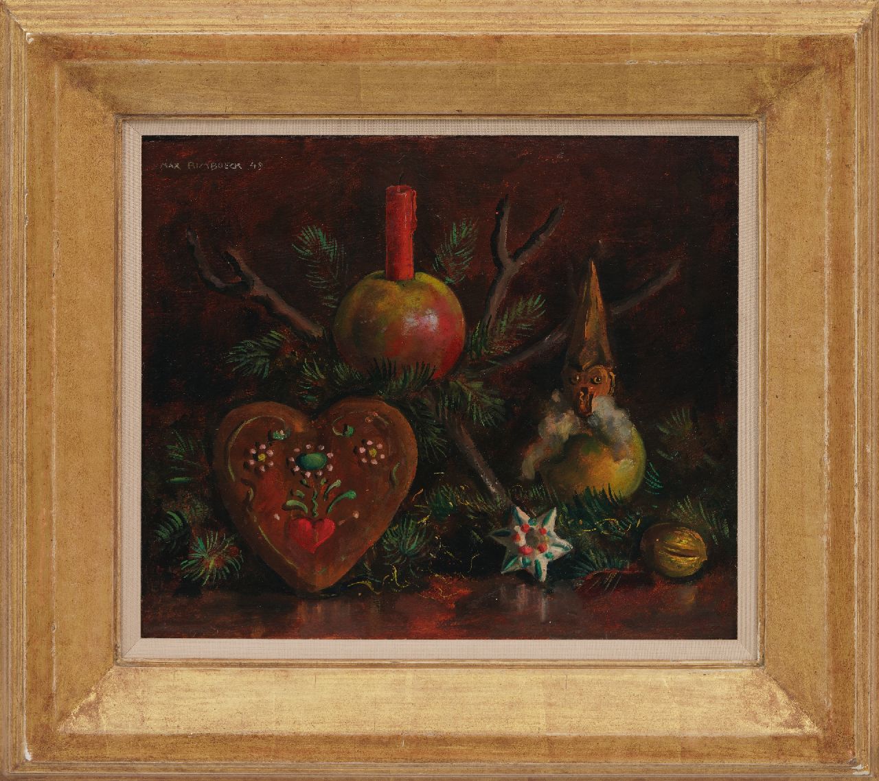 Rimböck M.  | Max Rimböck | Gemälde zum Verkauf angeboten | Weihnachtsstilleben, Öl auf Malereifaser 29,4 x 35,3 cm, Unterzeichnet o.l. und datiert '49