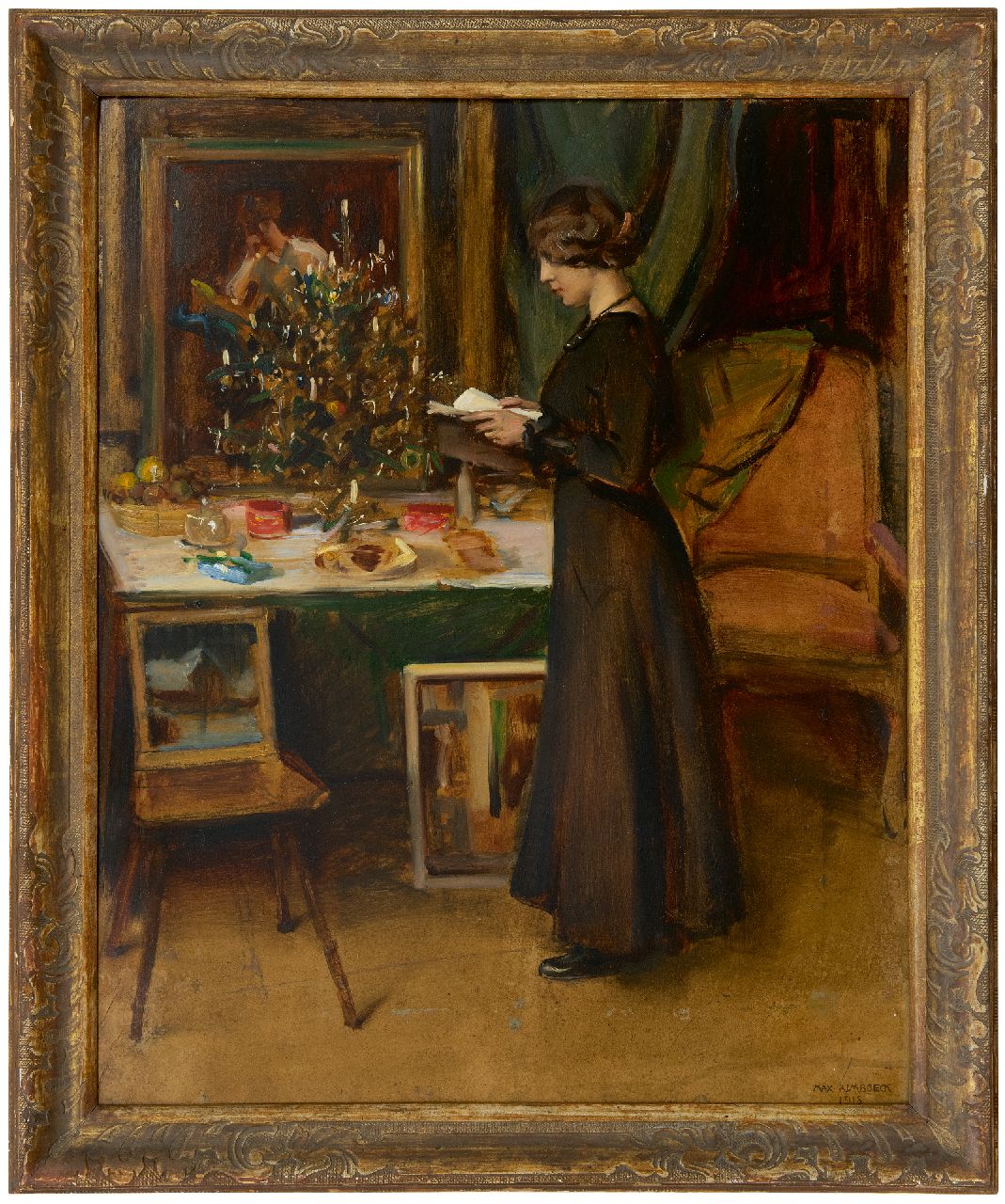 Rimböck M.  | Max Rimböck, Junge Frau vor dem Weihnachtsbaum, Öl auf Malereifaser 63,2 x 51,1 cm, Unterzeichnet u.r. und datiert 1918