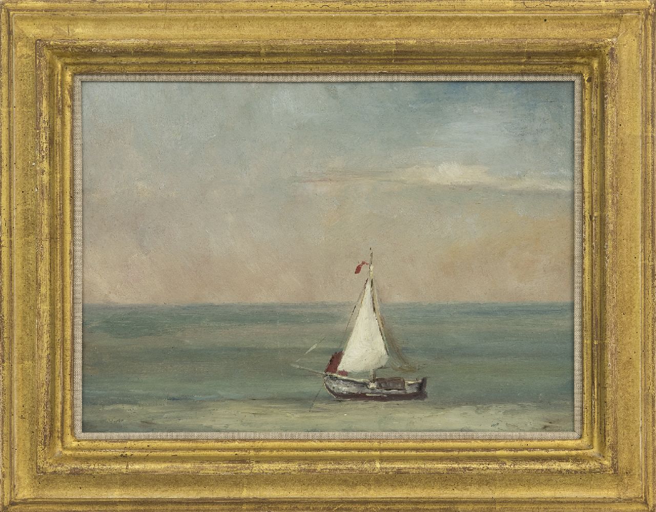 Mesdag H.W.  | Hendrik Willem Mesdag, Ruhige See mit weissem Segelschiff, Öl auf Papier auf Holz 21,8 x 30,2 cm