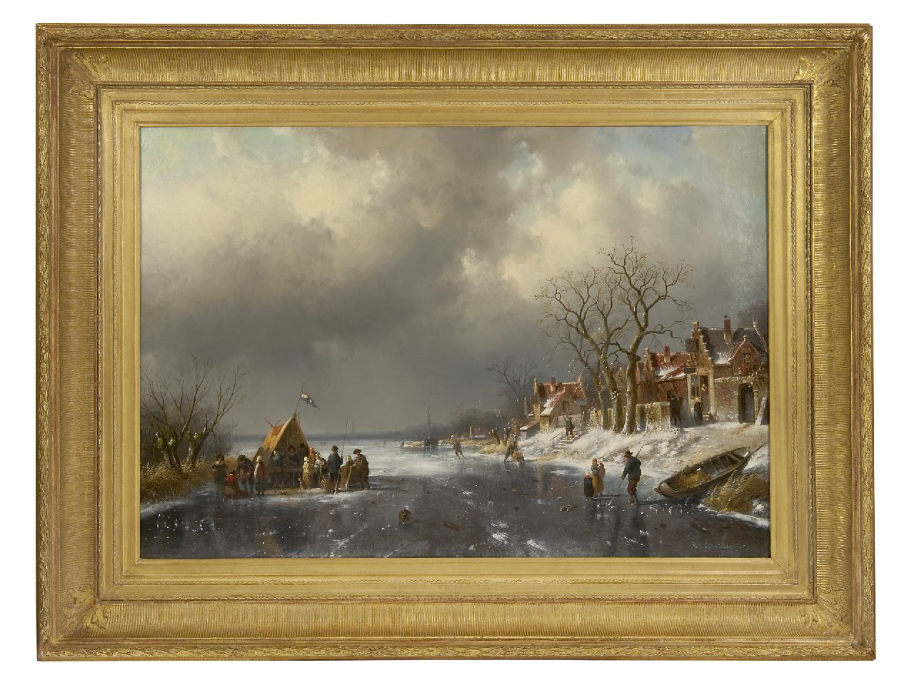 Leickert C.H.J.  | 'Charles' Henri Joseph Leickert, 'Koek-en-zopie' Bude auf dem Eis am Rande eines Dorfes, Öl auf Leinwand 71,4 x 103,2 cm, Unterzeichnet u.r.