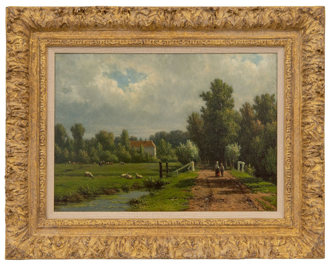 Maaten J.J. van der | Jacob Jan van der Maaten | Gemälde zum Verkauf angeboten | Gespräch auf dem Weg zum Gutshaus, Öl auf Holz 25,7 x 36,0 cm, Unterzeichnet u.r.