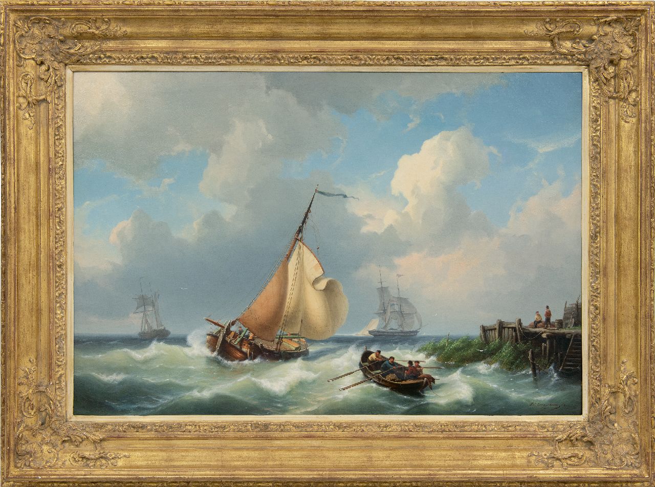Dommelshuizen C.C.  | Cornelis Christiaan Dommelshuizen | Gemälde zum Verkauf angeboten | Segelschiffe vor der Küste bei stürmischem Wetter, Öl auf Leinwand 56,3 x 83,0 cm, Unterzeichnet u.r. und datiert 1861