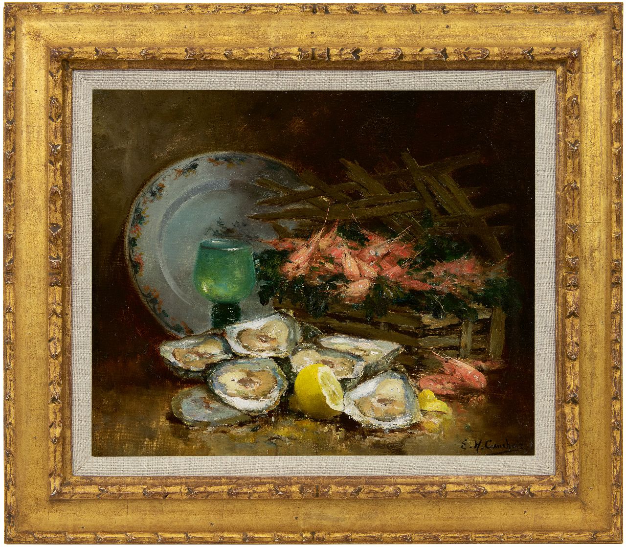 Cauchois E.H.  | Eugène-Henri Cauchois, Stilleben mit Austern, Öl auf Leinwand 38,1 x 46,0 cm, Unterzeichnet u.r.