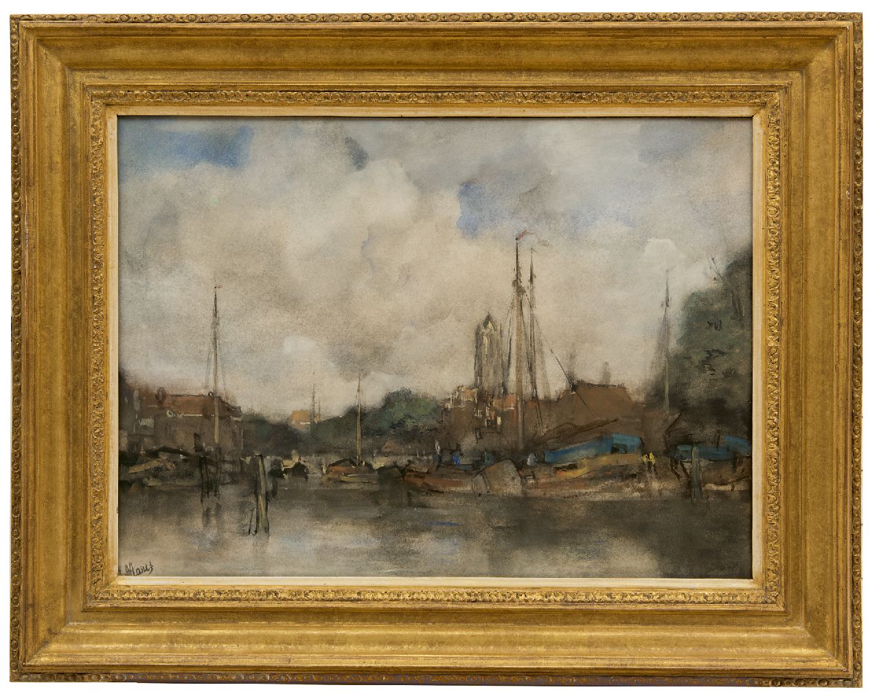 Maris J.H.  | Jacobus Hendricus 'Jacob' Maris | Aquarelle und Zeichnungen zum Verkauf angeboten | Hafenansicht auf Utrecht und der Dom Turm, Aquarell auf Papier 42,0 x 57,4 cm, Unterzeichnet u.l.