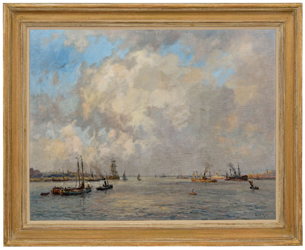 Moll E.  | Evert Moll | Gemälde zum Verkauf angeboten | Hafenansicht mit schweren Wolken, Öl auf Leinwand 72,2 x 92,7 cm, Unterzeichnet u.r.