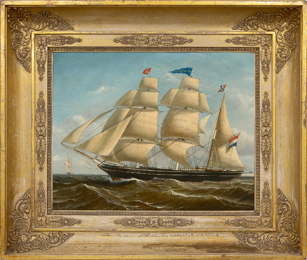 Schiedges P.P.  | Petrus Paulus Schiedges | Gemälde zum Verkauf angeboten | Dreimaster Burgemeester Van Rheenen, Segeln für den Wind, Öl auf Holz 40,0 x 50,8 cm, Unterzeichnet u.l. und datiert 1858