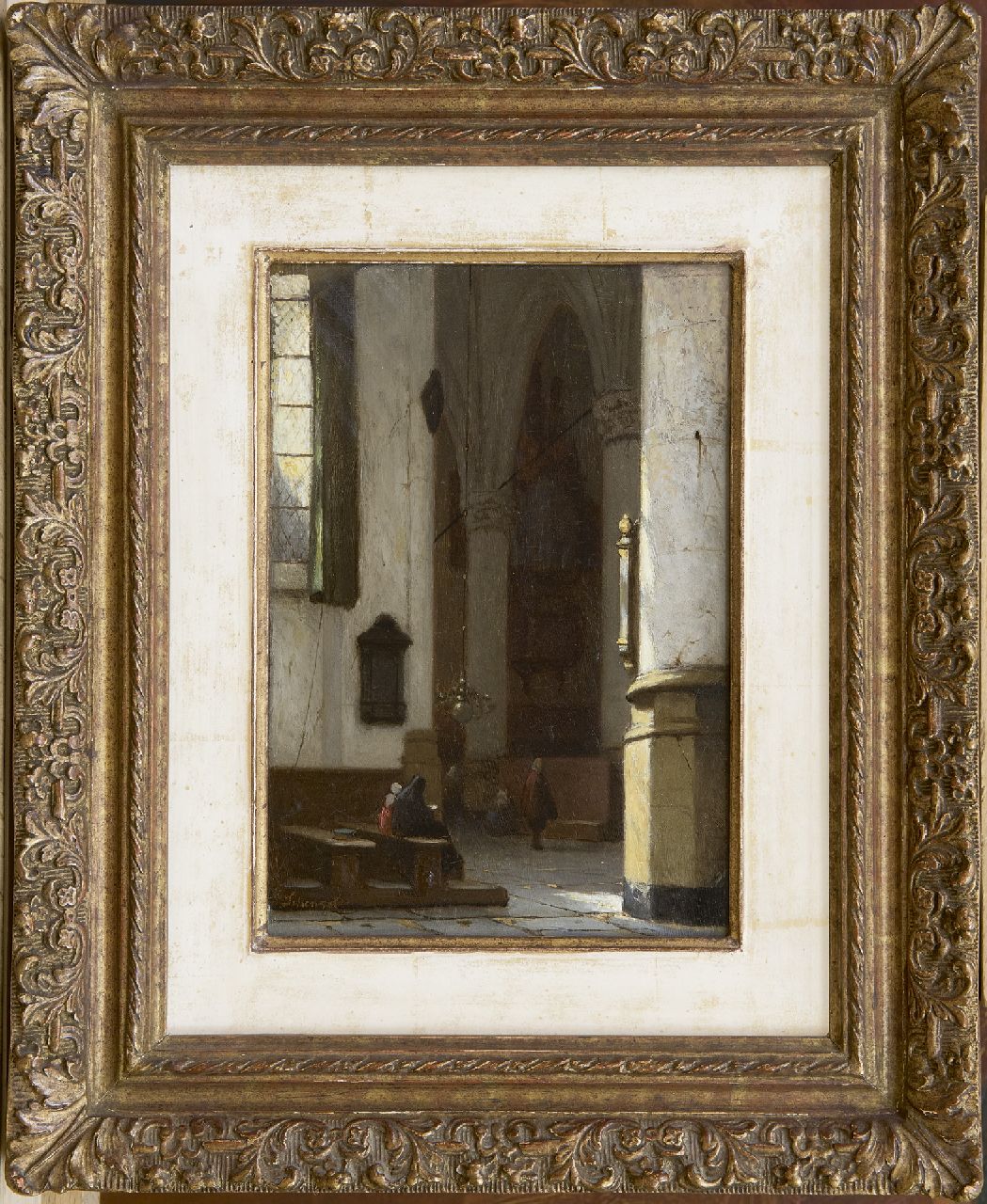 Schenkel J.J.  | Jan Jacob Schenkel, In der Hooglandse Kirche zu Leiden, Öl auf Holz 21,4 x 15,1 cm, Unterzeichnet u.l.