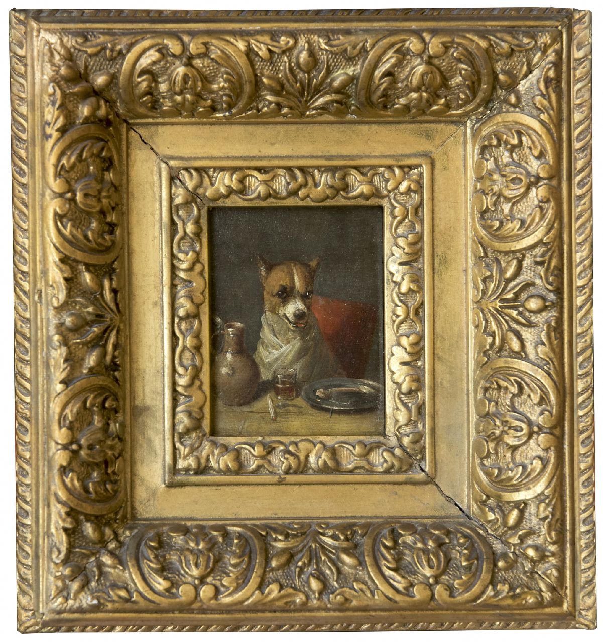 Eycken Ch. van den | Charles van den Eycken, Der Feinschmecker: ein Hund am Tisch, Öl auf Holz 7,5 x 5,6 cm, Unterzeichnet u.l. mit Monogramm und datiert '77