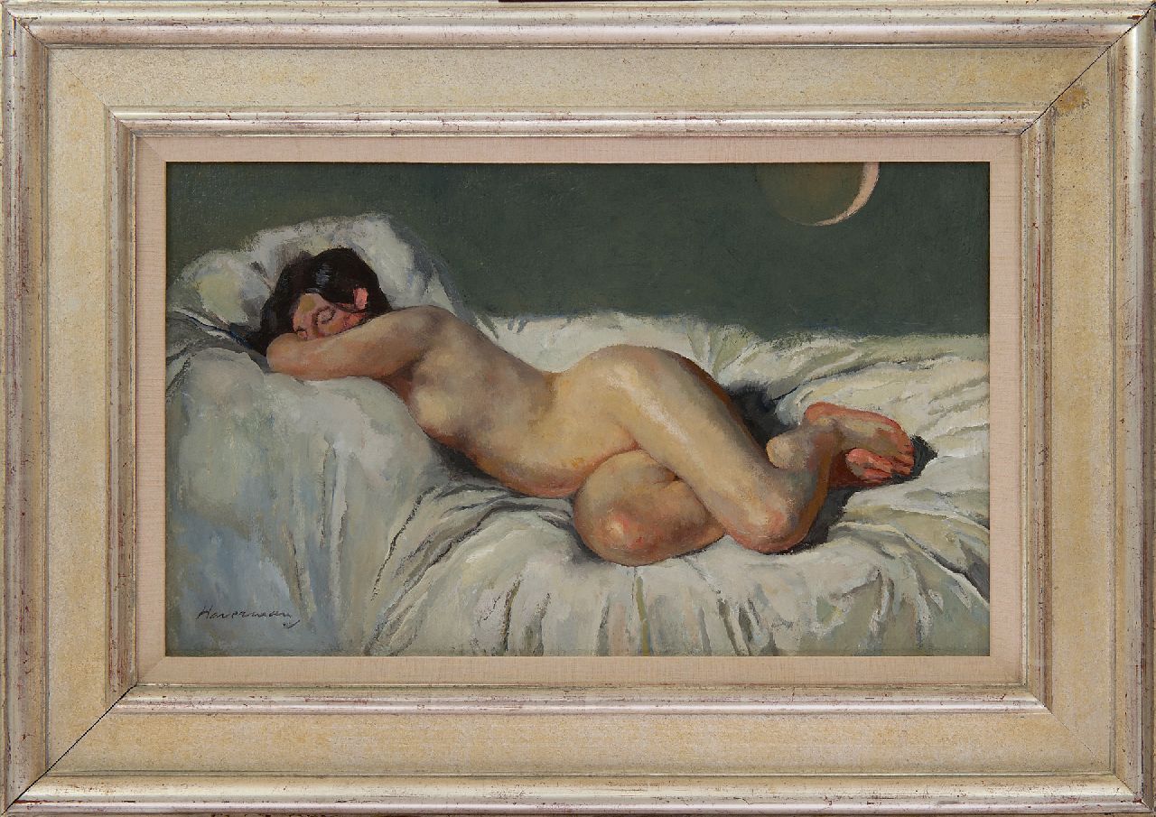 Haverman H.J.  | Hendrik Johannes Haverman | Gemälde zum Verkauf angeboten | Ruhender weiblicher Akt bei Sonnenfinsternis, Öl auf Leinwand 31,1 x 50,3 cm, Unterzeichnet l.u.