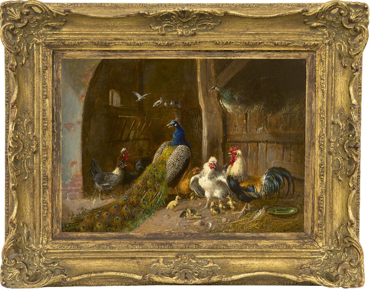 Scheuerer J.  | Julius Scheuerer, Pfauen mit Hahn und Hühnern in der Scheune, Öl auf Holz 22,2 x 31,1 cm, Unterzeichnet M.r