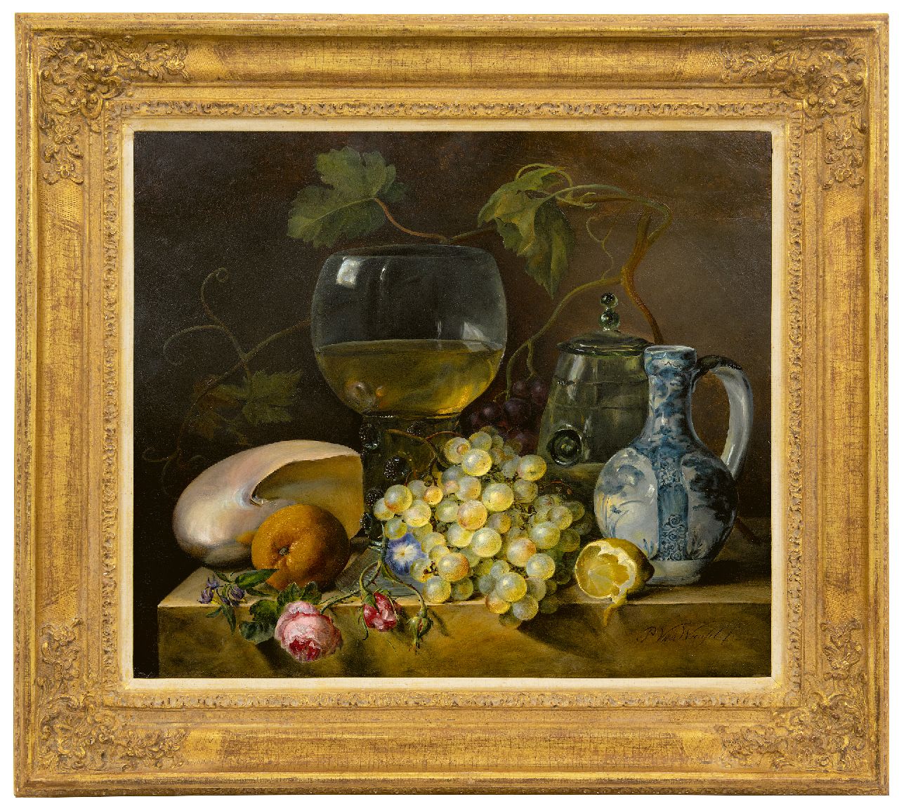 Woensel P. van | Petronella van Woensel, Stilleben mit ein Römer und Trauben, Öl auf Holz 50,8 x 58,9 cm, Unterzeichnet u.r.