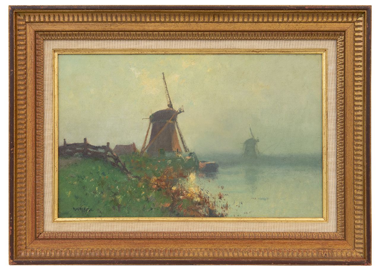 Dekker H.N.  | Henricus Nicolaas 'Henk' Dekker, Windmühlen im Frühnebel, Öl auf Leinwand 26,8 x 43,2 cm, Unterzeichnet u.l.