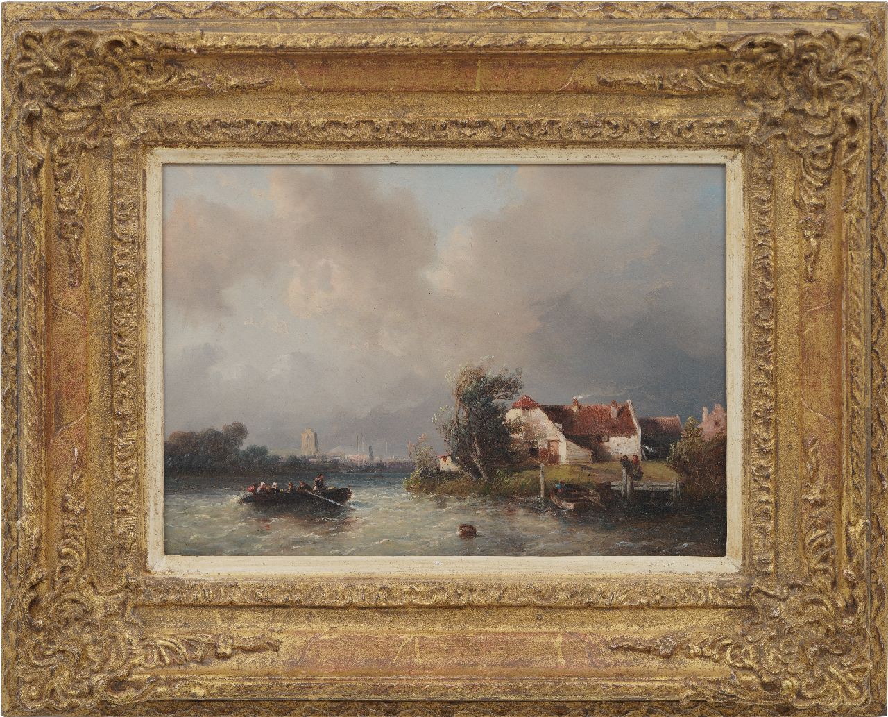 Verveer S.L.  | 'Salomon' Leonardus Verveer | Gemälde zum Verkauf angeboten | Fähre auf unruhigem Fluss, die Grote Kerk von Dordrecht in der Ferne, Öl auf Holz 20,8 x 29,6 cm, Unterzeichnet u.r. und datiert '51