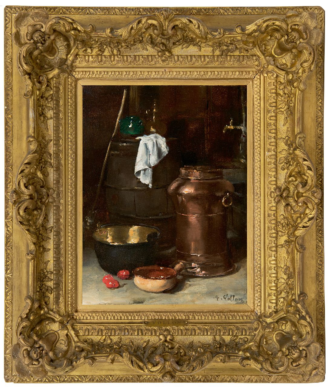 Vollon A.  | Antoine Vollon | Gemälde zum Verkauf angeboten | Stillebenmit Kupferfass und Kochtopf, Öl auf Holz 32,3 x 24,3 cm, Unterzeichnet u.r.