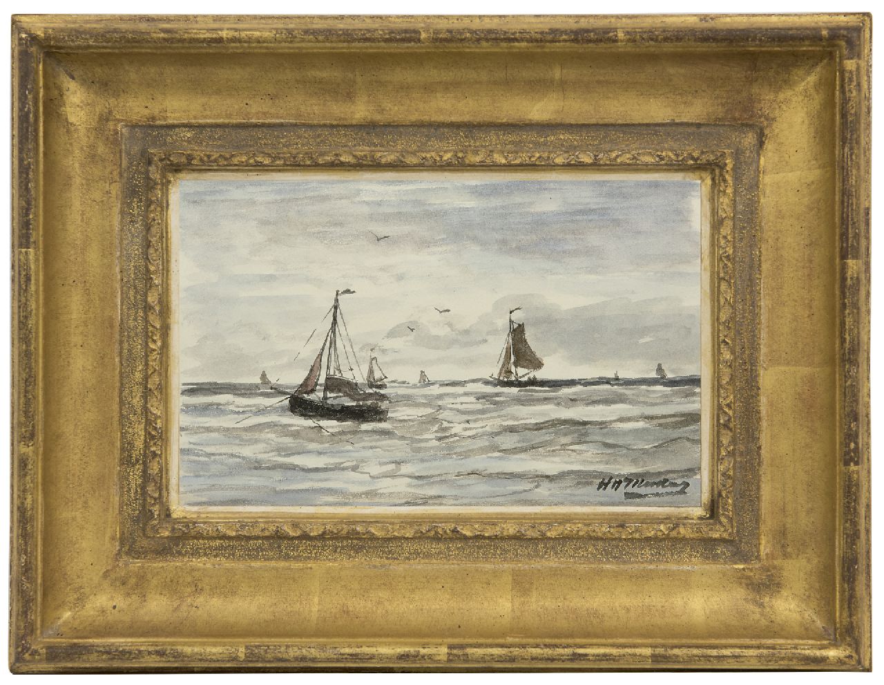 Mesdag H.W.  | Hendrik Willem Mesdag, Fischerboote in der Brandung, Scheveningen, Aquarell auf Papier 13,2 x 21,0 cm, Unterzeichnet u.r.