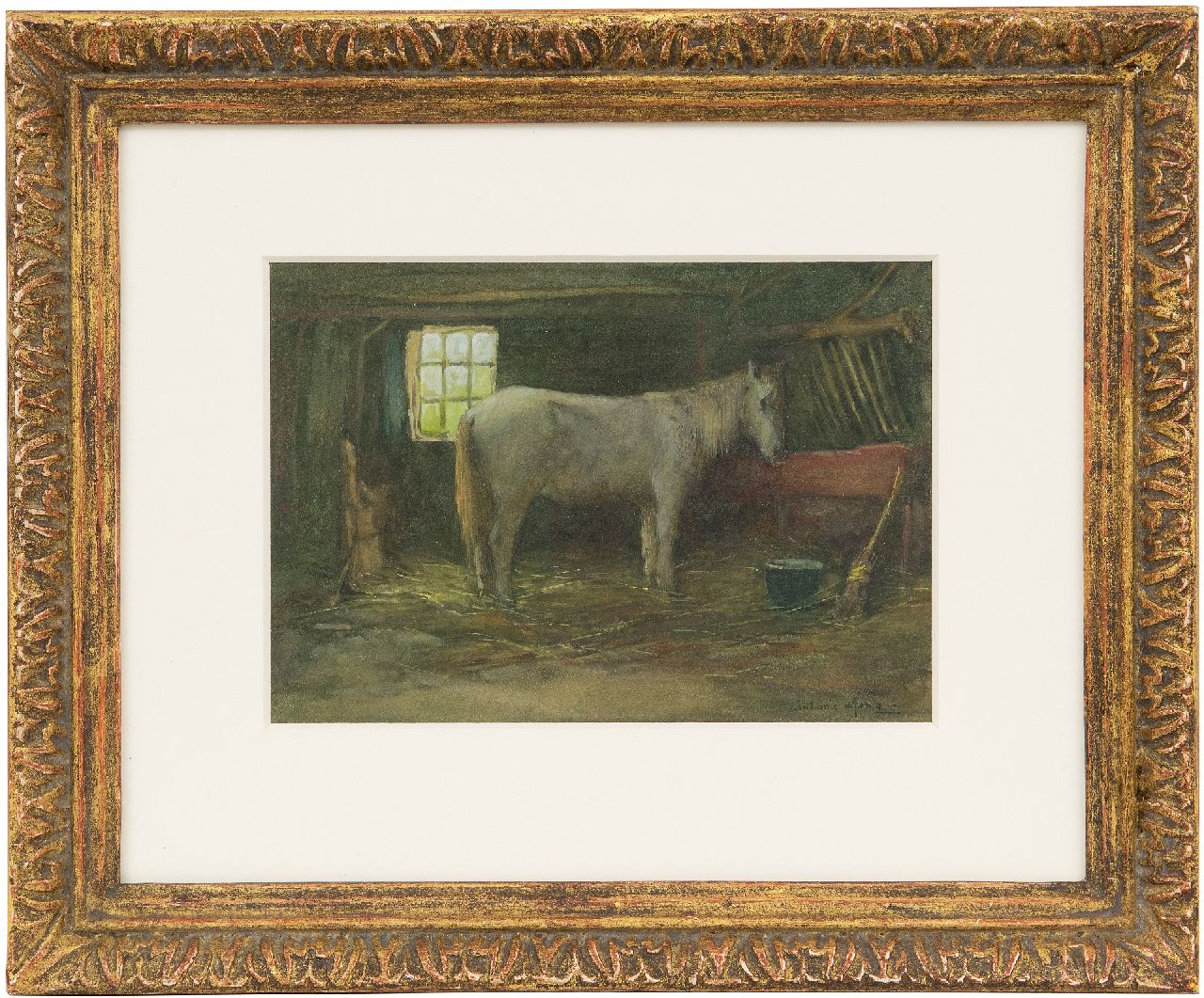 Jong A.G. de | 'Antonie' Gerardus de Jong | Aquarelle und Zeichnungen zum Verkauf angeboten | Schimmel in einem Stall, Aquarell auf Papier 13,6 x 19,6 cm, Unterzeichnet u.r.