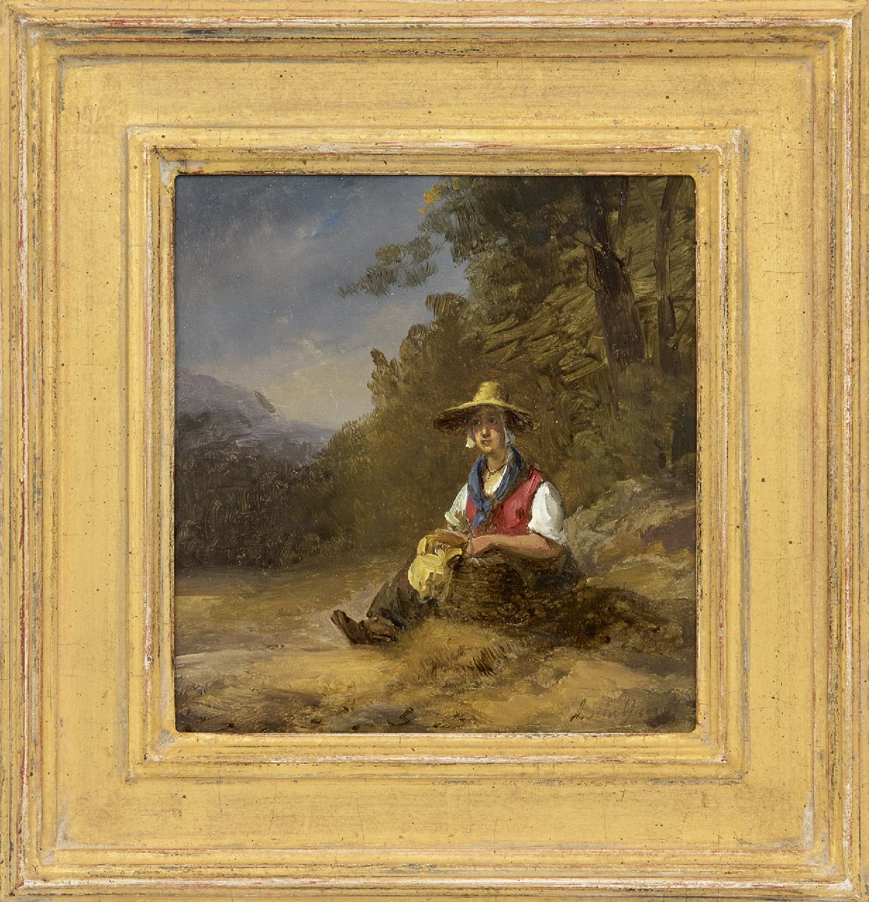 Schelfhout A.  | Andreas Schelfhout, Ruhende Bäuerin mit Weidenkorb, Öl auf Holz 16,8 x 15,5 cm, Unterzeichnet u.r.