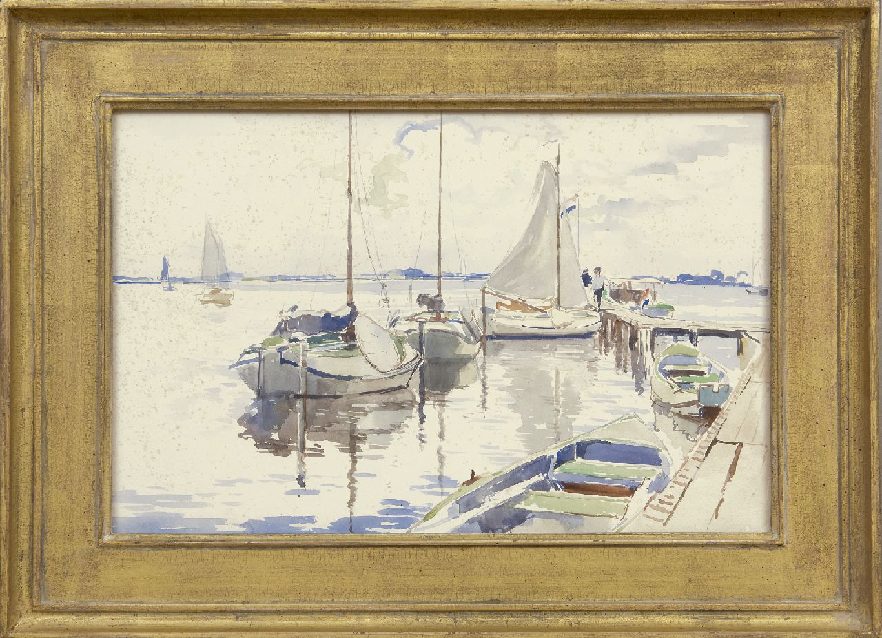 Vreedenburgh C.  | Cornelis Vreedenburgh, Plattbodenboote bei einem Bootssteg an den Loosdrechtse Plassen, Aquarell auf Papier 30,5 x 46,8 cm