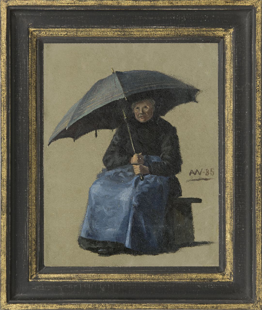 Wengberg A.E.  | 'Anna' Emilia Wengberg, Eine Frau mit Regenschirm, Öl auf Papier auf Holzfaser 33,5 x 26,0 cm, Unterzeichnet m.r. mit Monogramm und datiert '85