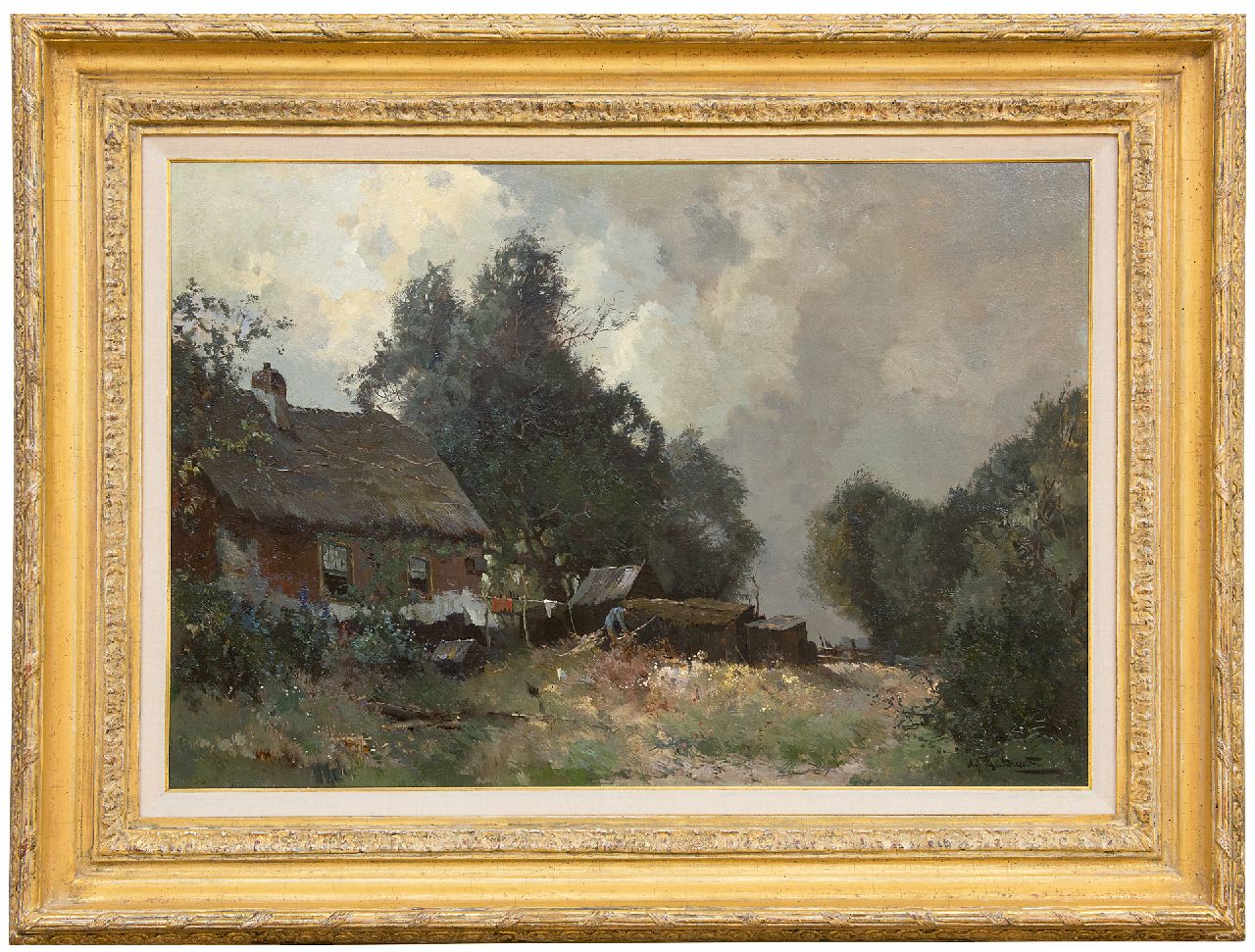 Driesten A.J. van | Arend Jan van Driesten | Gemälde zum Verkauf angeboten | Bauer arbeitet in seinem Hof, Öl auf Leinwand 52,5 x 76,5 cm, Unterzeichnet u.r.